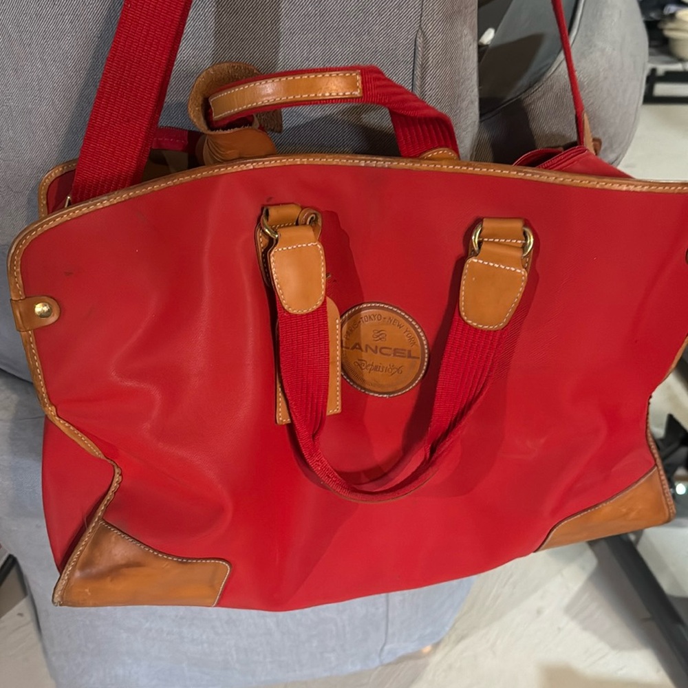 Lancel Red Travel Bag with Tan Accents